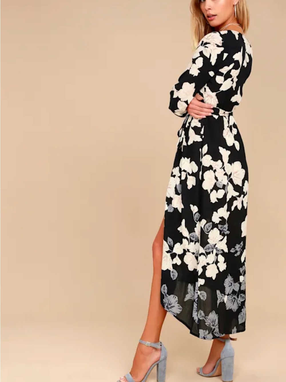 Lulu's Black Wrap Midi Dress with Cream Floral Print - Picture 2 of 4